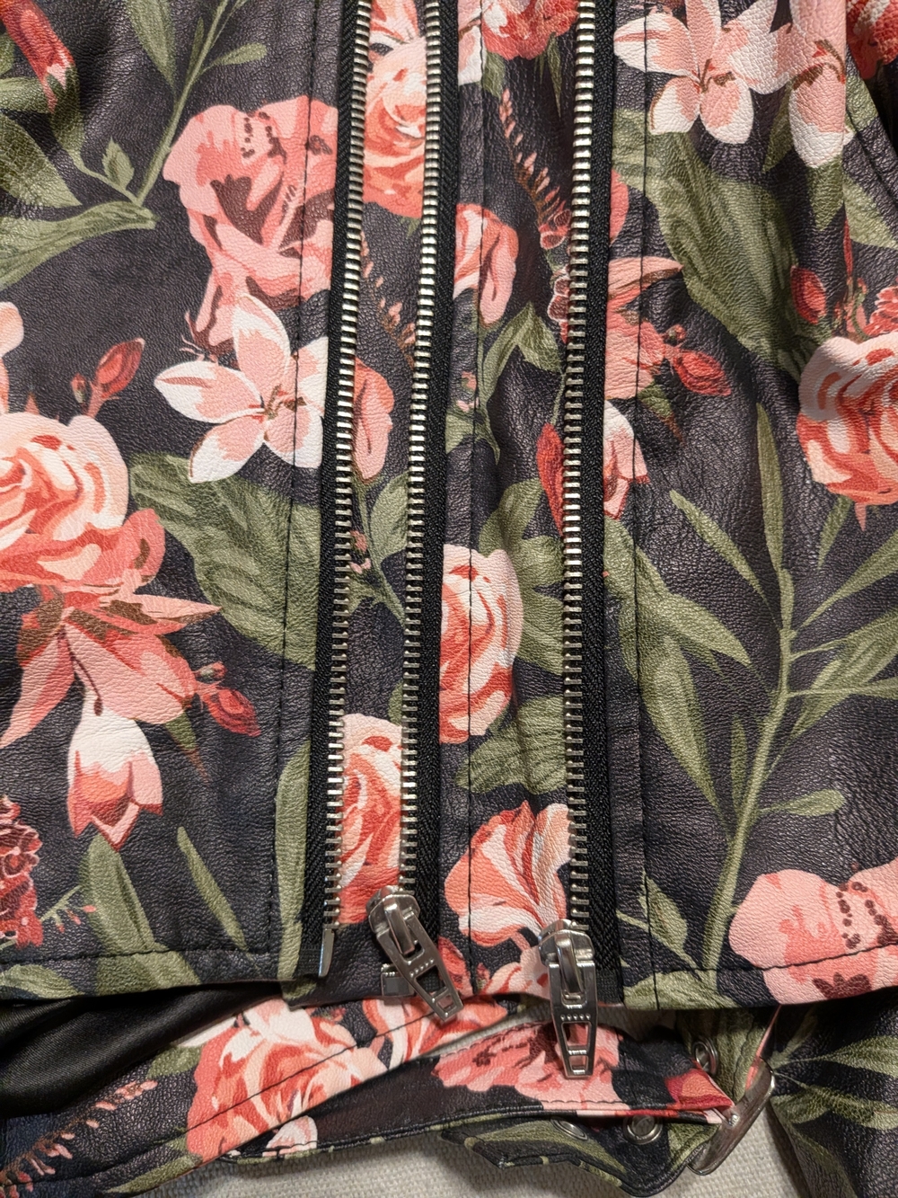 Floral Faux Leather Moto Jacket Pink Rose Edgy Fall - Picture 13 of 14